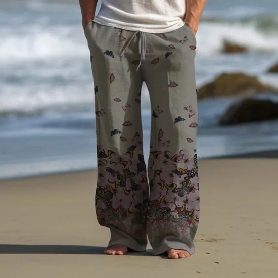 Clearance OUKU Men's Butterfly Linen Pants Pants Trousers Baggy Pants Mid Waist Vintage Outdoor Daily Wear Streetwear Fall & Winter Black Blue Green