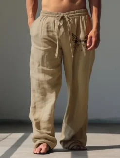 Online OUKU Men's Butterfly Linen Pants Pants Trousers Baggy Pants Mid Waist Vintage Outdoor Daily Wear Streetwear Fall & Winter White Green Khaki