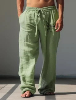 Online OUKU Men's Butterfly Linen Pants Pants Trousers Baggy Pants Mid Waist Vintage Outdoor Daily Wear Streetwear Fall & Winter White Green Khaki