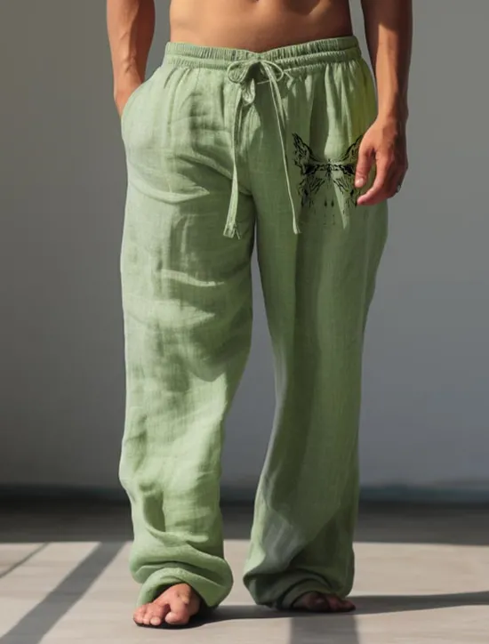Online OUKU Men's Butterfly Linen Pants Pants Trousers Baggy Pants Mid Waist Vintage Outdoor Daily Wear Streetwear Fall & Winter White Green Khaki