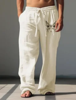 Online OUKU Men's Butterfly Linen Pants Pants Trousers Baggy Pants Mid Waist Vintage Outdoor Daily Wear Streetwear Fall & Winter White Green Khaki