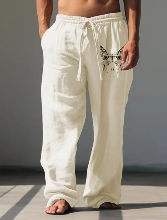 Online OUKU Men's Butterfly Linen Pants Pants Trousers Baggy Pants Mid Waist Vintage Outdoor Daily Wear Streetwear Fall & Winter White Green Khaki