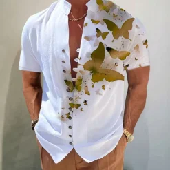 Online OUKU Men's Butterfly Shirt Button Up Shirt Short Sleeve Fashion Streetwear Designer Outdoor Casual Daily Spring & Summer Stand Collar Print Yellow Blue Purple Green Gray