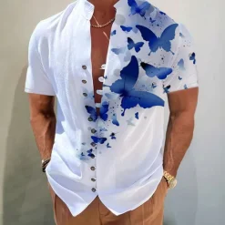 Online OUKU Men's Butterfly Shirt Button Up Shirt Short Sleeve Fashion Streetwear Designer Outdoor Casual Daily Spring & Summer Stand Collar Print Yellow Blue Purple Green Gray