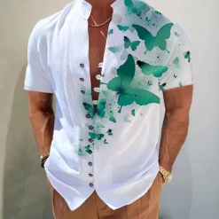 Online OUKU Men's Butterfly Shirt Button Up Shirt Short Sleeve Fashion Streetwear Designer Outdoor Casual Daily Spring & Summer Stand Collar Print Yellow Blue Purple Green Gray