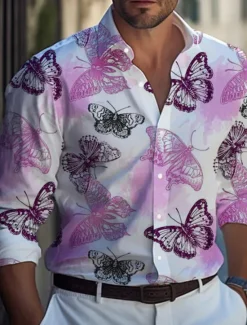 New OUKU Men's Butterfly Shirt Long Sleeve Casual Daily Wear Going out Weekend Fall & Winter Turndown Print Button-Down White Blue Purple Orange Gray