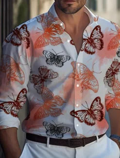 New OUKU Men's Butterfly Shirt Long Sleeve Casual Daily Wear Going out Weekend Fall & Winter Turndown Print Button-Down White Blue Purple Orange Gray
