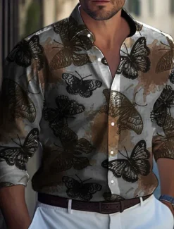 New OUKU Men's Butterfly Shirt Long Sleeve Casual Daily Wear Going out Weekend Fall & Winter Turndown Print Button-Down White Blue Purple Orange Gray