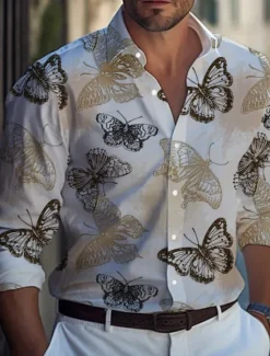 New OUKU Men's Butterfly Shirt Long Sleeve Casual Daily Wear Going out Weekend Fall & Winter Turndown Print Button-Down White Blue Purple Orange Gray