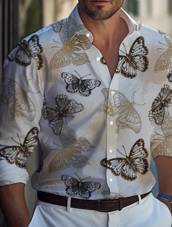 New OUKU Men's Butterfly Shirt Long Sleeve Casual Daily Wear Going out Weekend Fall & Winter Turndown Print Button-Down White Blue Purple Orange Gray