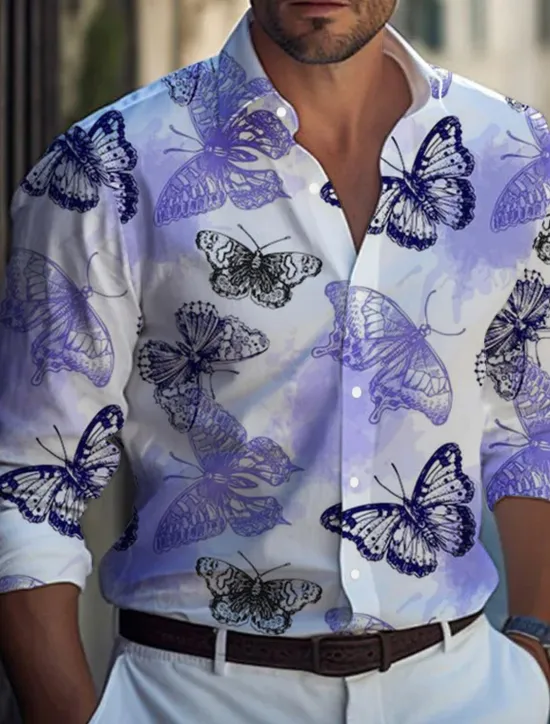 New OUKU Men's Butterfly Shirt Long Sleeve Casual Daily Wear Going out Weekend Fall & Winter Turndown Print Button-Down White Blue Purple Orange Gray