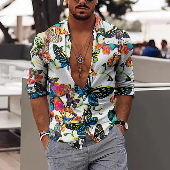 Outlet OUKU Men's Butterfly Shirt Long Sleeve Sports Fashion Designer Daily Holiday Summer Spring Turndown Print Blue