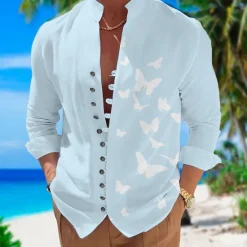 Best OUKU Men's Butterfly Shirt Summer Hawaiian Shirt Aloha Shirt Long Sleeve Shirt Stand Collar Fashion Designer Casual Outdoor Vacation Street Black White+Black White S M L