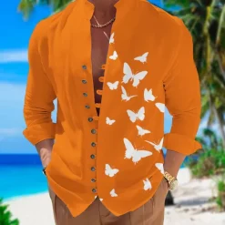 Best OUKU Men's Butterfly Shirt Summer Hawaiian Shirt Aloha Shirt Long Sleeve Shirt Stand Collar Fashion Designer Casual Outdoor Vacation Street Black White+Black White S M L