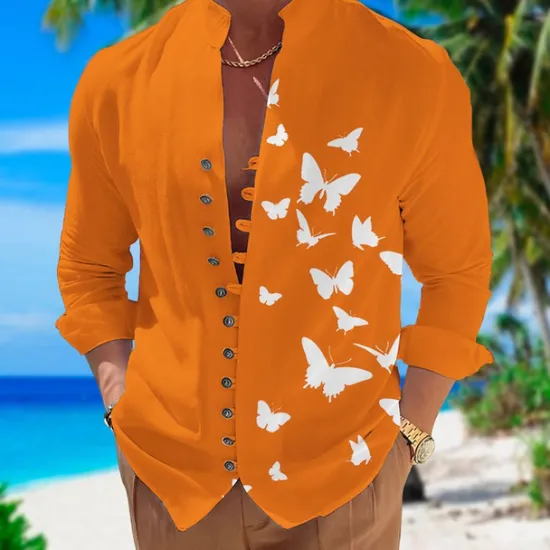 Best OUKU Men's Butterfly Shirt Summer Hawaiian Shirt Aloha Shirt Long Sleeve Shirt Stand Collar Fashion Designer Casual Outdoor Vacation Street Black White+Black White S M L