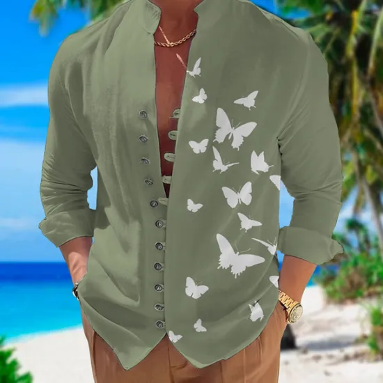 Best OUKU Men's Butterfly Shirt Summer Hawaiian Shirt Aloha Shirt Long Sleeve Shirt Stand Collar Fashion Designer Casual Outdoor Vacation Street Black White+Black White S M L