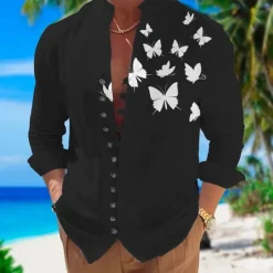 Best OUKU Men's Butterfly Shirt Summer Hawaiian Shirt Aloha Shirt Long Sleeve Shirt Stand Collar Fashion Designer Casual Outdoor Vacation Street Black White+Black White S M L