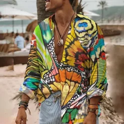 Hot OUKU Men's Butterfly Shirt Summer Hawaiian Shirt Aloha Shirt Long Sleeve Shirt Turndown Fashion Streetwear Designer Outdoor Street Casual White Yellow Green S M L