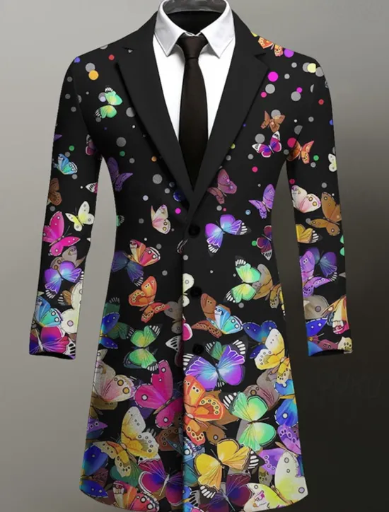 OUKU Men's Butterfly Winter Coat Overcoat Coat Warm Breathable Comfortable Business Artistic Work Wear to work Going out Pocket Print Fall & Winter Turndown Long Sleeve Blue Purple