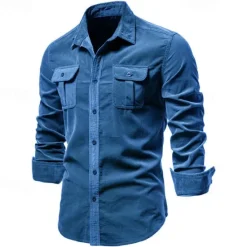 Best OUKU Men's Button Down Shirt Casual Shirt Corduroy Shirt Navy Blue Blue Green khaki Gray Long Sleeve Solid Color Turndown Shirt Collar Outdoor Daily Clothing Apparel Warm Daily