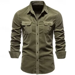 Best OUKU Men's Button Down Shirt Casual Shirt Corduroy Shirt Navy Blue Blue Green khaki Gray Long Sleeve Solid Color Turndown Shirt Collar Outdoor Daily Clothing Apparel Warm Daily