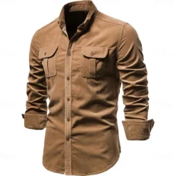 Best OUKU Men's Button Down Shirt Casual Shirt Corduroy Shirt Navy Blue Blue Green khaki Gray Long Sleeve Solid Color Turndown Shirt Collar Outdoor Daily Clothing Apparel Warm Daily