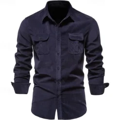 Best OUKU Men's Button Down Shirt Casual Shirt Corduroy Shirt Navy Blue Blue Green khaki Gray Long Sleeve Solid Color Turndown Shirt Collar Outdoor Daily Clothing Apparel Warm Daily
