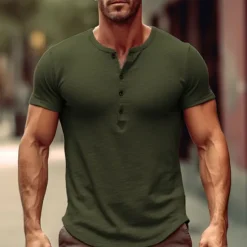 Clearance OUKU Men's Button T Shirt Henley Shirt Tee Top Short Sleeves V Neck Summer Plain Fashion Designer Basic Vacation Street Going out Pink Navy Blue Army Green Top Tee for Men