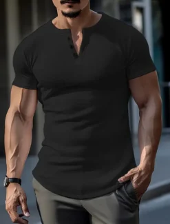 New OUKU Men's Button T Shirt Henley Shirt Tee Top Short Sleeves Henley Summer Plain Fashion Designer Basic Vacation Street Going out Black White Grey Top Tee for Men