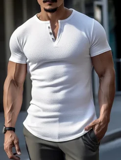 New OUKU Men's Button T Shirt Henley Shirt Tee Top Short Sleeves Henley Summer Plain Fashion Designer Basic Vacation Street Going out Black White Grey Top Tee for Men