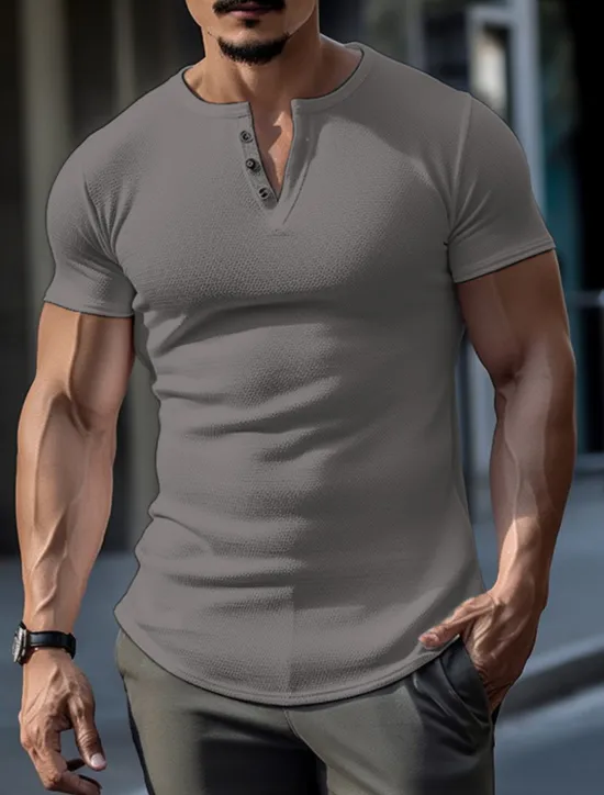 New OUKU Men's Button T Shirt Henley Shirt Tee Top Short Sleeves Henley Summer Plain Fashion Designer Basic Vacation Street Going out Black White Grey Top Tee for Men