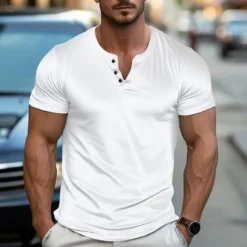 Clearance OUKU Men's Button T Shirt Henley Shirt Tee Top Short Sleeves V Neck Summer Plain Fashion Designer Basic Vacation Street Going out Black White Blue Top Tee for Men