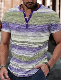 Best OUKU Men's Button T Shirt Henley Shirt Tee Top Short Sleeves Henley Summer Plain Gradual Fashion Designer Basic Vacation Street Going out Pink Blue Purple Top Tee for Men