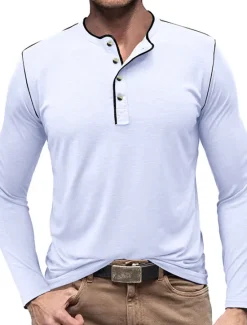 New OUKU Men's Button T Shirt Henley Shirt Tee Top Long Sleeve Henley Summer Plain Fashion Designer Basic Vacation Street Going out White Yellow Red Top Tee for Men