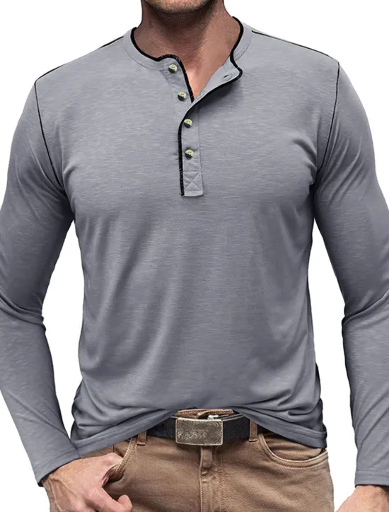 New OUKU Men's Button T Shirt Henley Shirt Tee Top Long Sleeve Henley Summer Plain Fashion Designer Basic Vacation Street Going out White Yellow Red Top Tee for Men