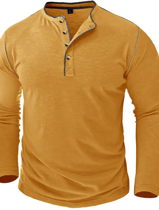 New OUKU Men's Button T Shirt Henley Shirt Tee Top Long Sleeve Henley Summer Plain Fashion Designer Basic Vacation Street Going out White Yellow Red Top Tee for Men