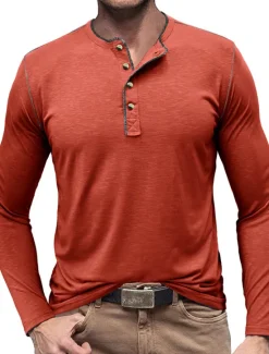 New OUKU Men's Button T Shirt Henley Shirt Tee Top Long Sleeve Henley Summer Plain Fashion Designer Basic Vacation Street Going out White Yellow Red Top Tee for Men