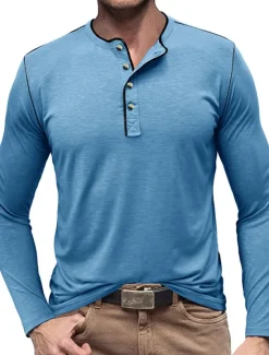 New OUKU Men's Button T Shirt Henley Shirt Tee Top Long Sleeve Henley Summer Plain Fashion Designer Basic Vacation Street Going out White Yellow Red Top Tee for Men