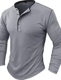 New OUKU Men's Button T Shirt Henley Shirt Tee Top Long Sleeve Henley Summer Plain Fashion Designer Basic Vacation Street Going out White Yellow Red Top Tee for Men