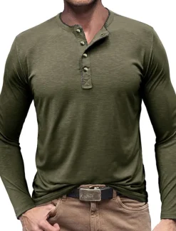 New OUKU Men's Button T Shirt Henley Shirt Tee Top Long Sleeve Henley Summer Plain Fashion Designer Basic Vacation Street Going out White Yellow Red Top Tee for Men