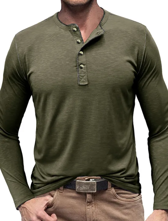 New OUKU Men's Button T Shirt Henley Shirt Tee Top Long Sleeve Henley Summer Plain Fashion Designer Basic Vacation Street Going out White Yellow Red Top Tee for Men