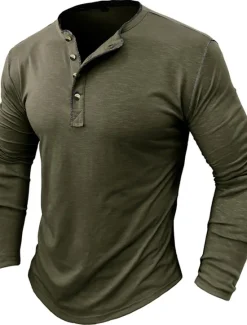 New OUKU Men's Button T Shirt Henley Shirt Tee Top Long Sleeve Henley Summer Plain Fashion Designer Basic Vacation Street Going out White Yellow Red Top Tee for Men