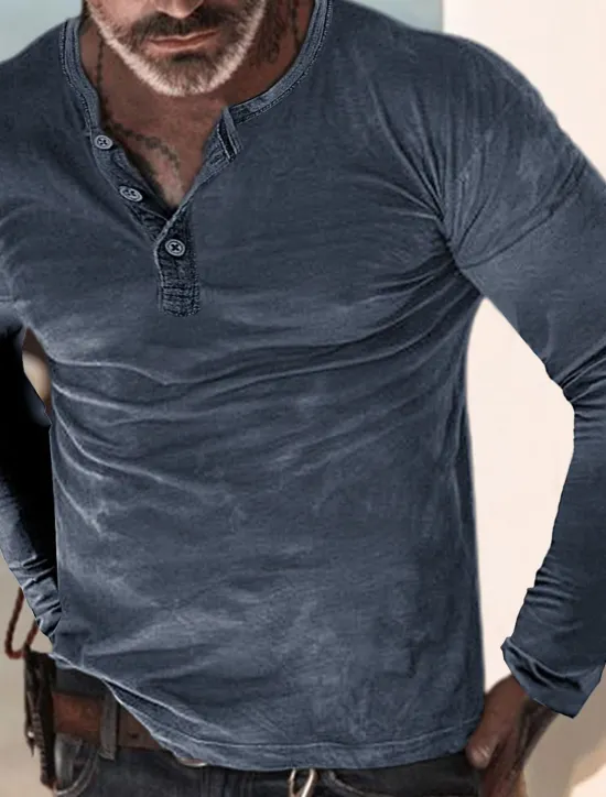 Online OUKU Men's Button T Shirt Henley Shirt Long Sleeve Shirt Long Sleeve Henley Summer Plain Designer Comfortable Fashion Basic Vacation Casual Daily Wear Navy Blue Army Green Top Tee for Men