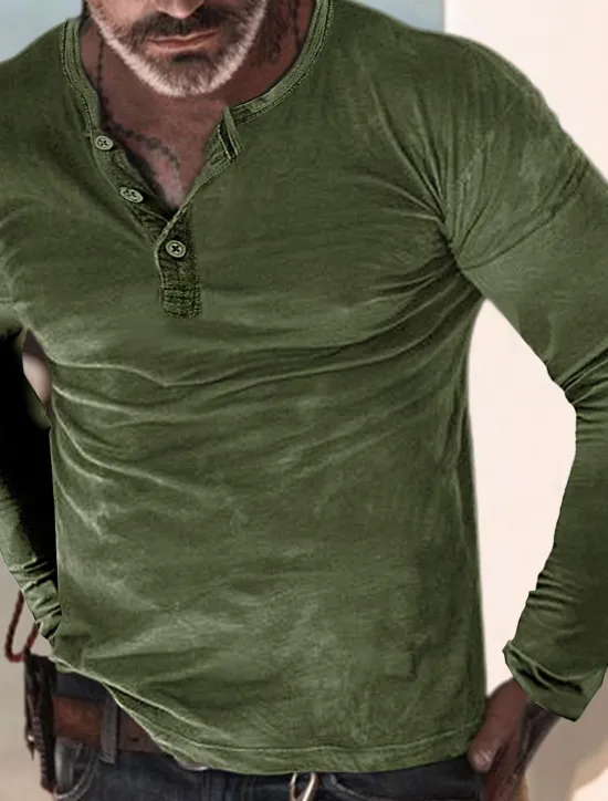 Online OUKU Men's Button T Shirt Henley Shirt Long Sleeve Shirt Long Sleeve Henley Summer Plain Designer Comfortable Fashion Basic Vacation Casual Daily Wear Navy Blue Army Green Top Tee for Men