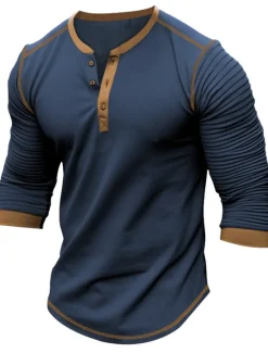 Best OUKU Men's Button T Shirt T Shirt Henley Shirt Tee Top Long Sleeve Henley Spring & Fall Slim Pleated Raglan Sleeve Fashion Designer Basic Patchwork Vacation Street Going out Black Navy Blue Brown Top Tee