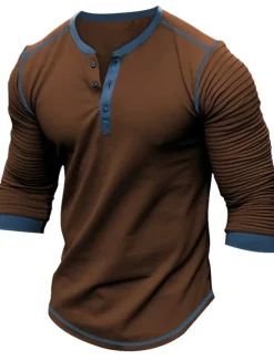 Best OUKU Men's Button T Shirt T Shirt Henley Shirt Tee Top Long Sleeve Henley Spring & Fall Slim Pleated Raglan Sleeve Fashion Designer Basic Patchwork Vacation Street Going out Black Navy Blue Brown Top Tee