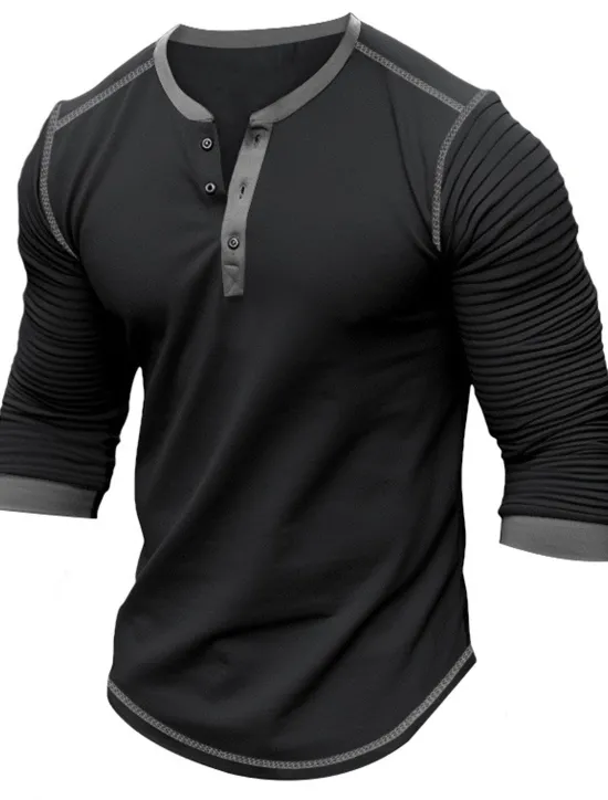 Best OUKU Men's Button T Shirt T Shirt Henley Shirt Tee Top Long Sleeve Henley Spring & Fall Slim Pleated Raglan Sleeve Fashion Designer Basic Patchwork Vacation Street Going out Black Navy Blue Brown Top Tee