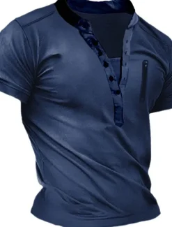 OUKU Men's Button T Shirt T Shirt Henley Shirt Tee Top Short Sleeves Henley Summer Plain Fashion Designer Basic Vacation Street Going out Navy Blue Brown Green Top Tee for Men