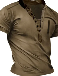 OUKU Men's Button T Shirt T Shirt Henley Shirt Tee Top Short Sleeves Henley Summer Plain Fashion Designer Basic Vacation Street Going out Navy Blue Brown Green Top Tee for Men