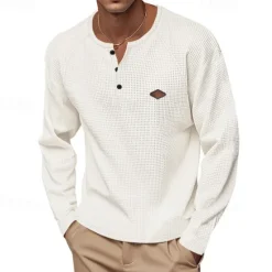 OUKU Men's Button T Shirt T Shirt Waffle Henley Shirt Henley Shirt Long Sleeve Henley Spring Fall Plain Fashion Designer Basic Buttons Vacation Street Going out Black Blue Khaki Top Tee for Men